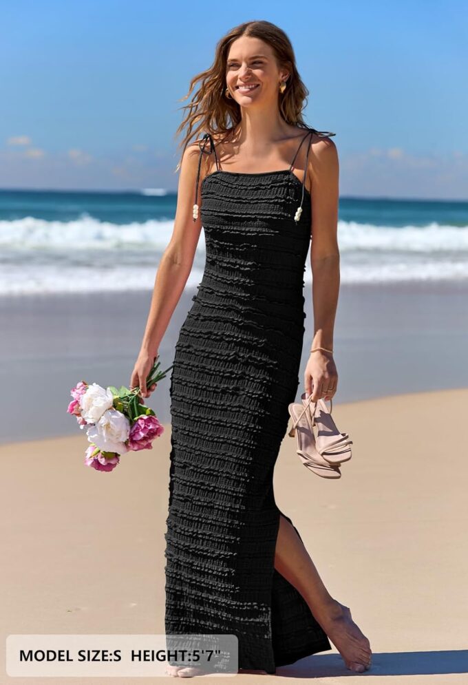 MEROKEETY Women's Summer Spaghetti Strap Sleeveless Bodycon Backless Textured Wedding Guest Cocktail Dress – Bild 6