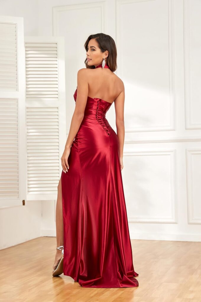 Halter Satin Bridesmaid Dresses Long Mermaid Prom Dress for Women Formal Party Evening Gown with Slit BD1 – Bild 6