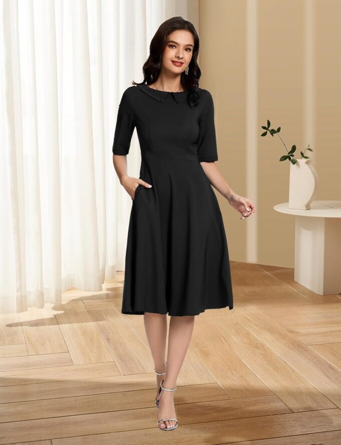Bbonlinedress Womens Vintage Cocktail Dress Formal Wedding Guest Church Long Sleeve Peter Pan Collar Swing Midi Dresses – Bild 3