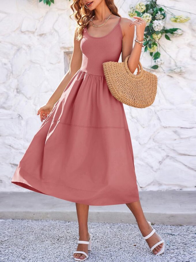 Fisoew Womens Spaghetti Strap Dress V Neck Backless Summer Casual A Line Cami Dress with Pocket – Bild 4