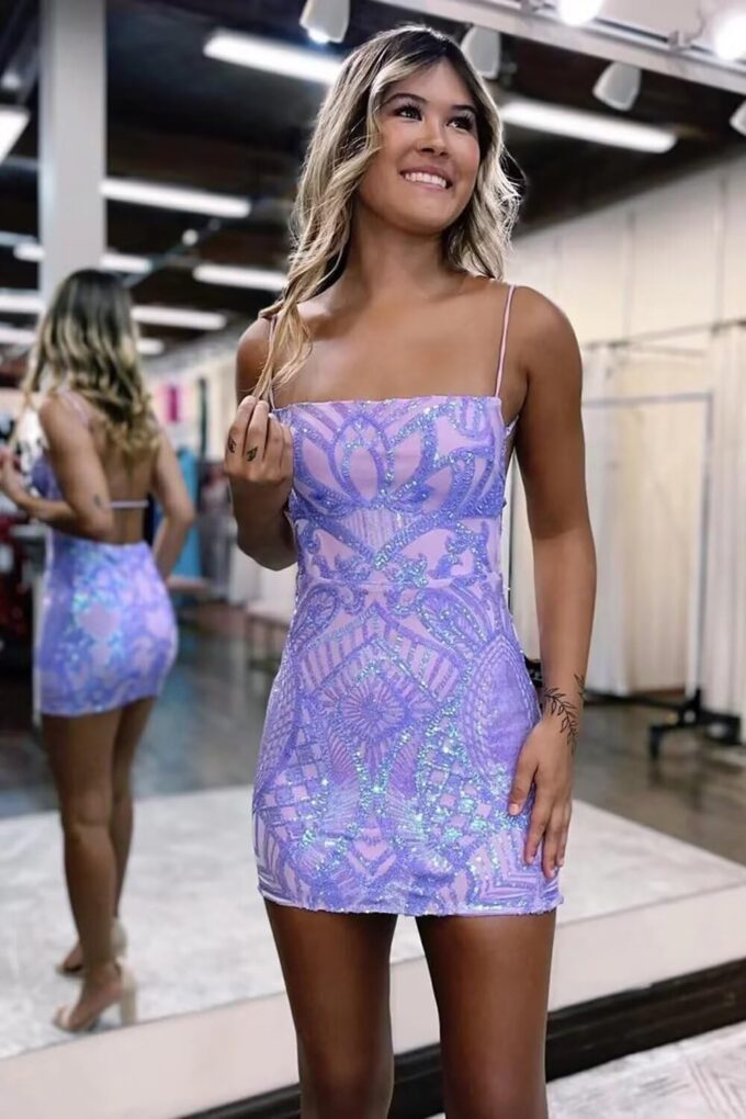 YMSHA Women's Spaghetti Straps Sequin Homecoming Dresses for Teens Tight Short Cocktail Party Dress YMS199 – Bild 2