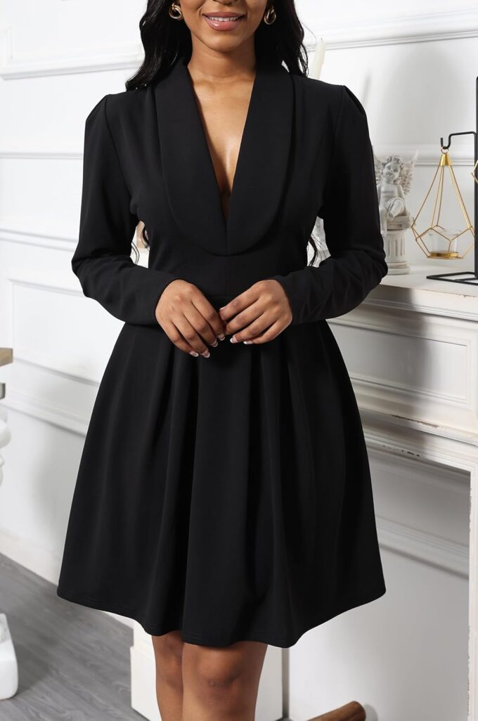 acelyn Damen Casual Langarm Revers V Ausschnitt Arbeitskleid Elegant Business Büro A Linie Blazer Kleid – Bild 5