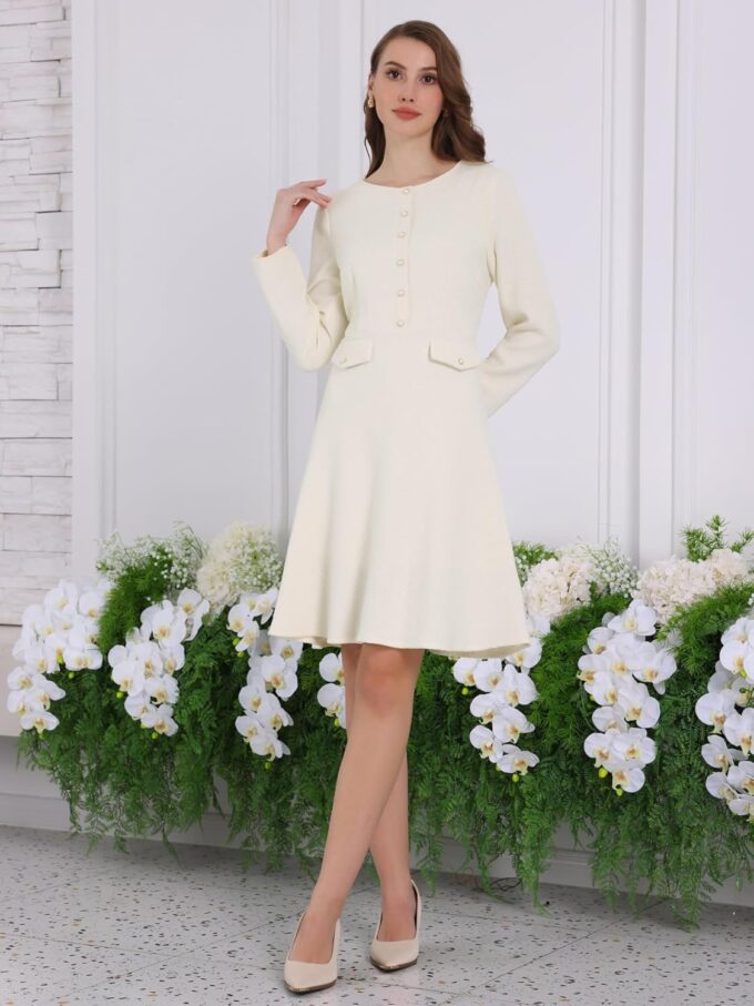 Hobemty Damen A-Linie Tweed Kleid Langarm Vintage Arbeit Flare Kleider – Bild 3