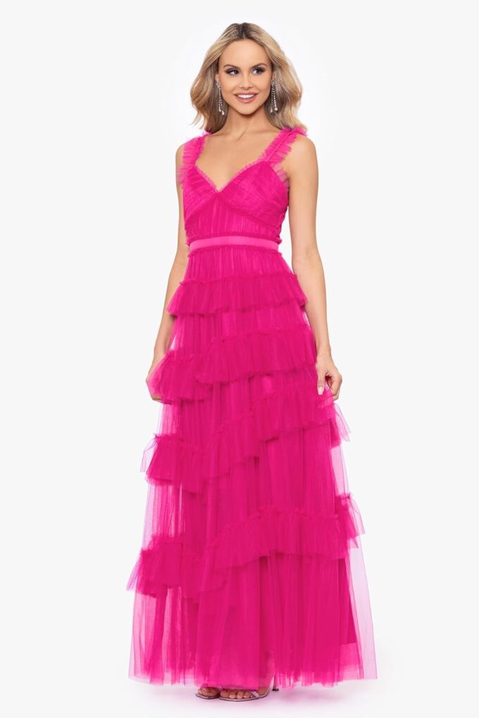 Betsy & Adam Women's Long Ruffle Tier Mesh Evening Dress – Bild 2