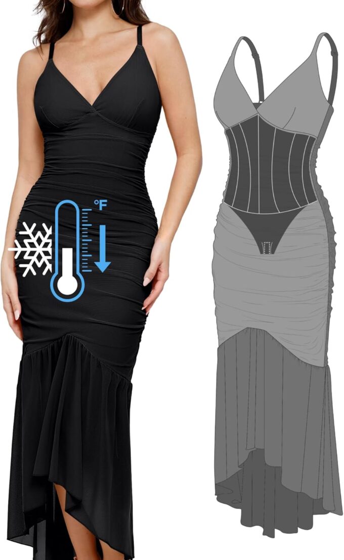 Popilush Corset Dress Built in Shapewear Bodycon Cocktail Dresses for Women Wedding Guest Deep V Neck Mesh Ruched Maxi Dress