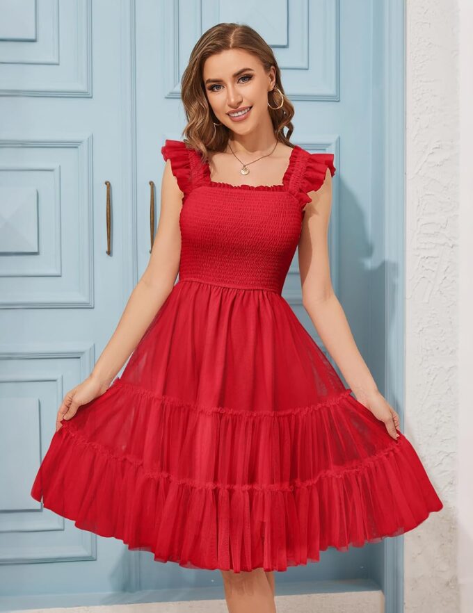 Meetjen Womens Prom Dresses 2025 Fancy Cocktail Tulle Ruffle Tiered Smocked Knee Length Square Neck Homecoming Dress – Bild 2