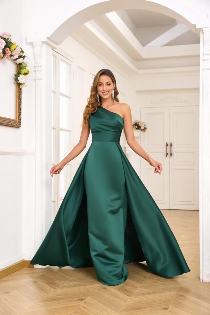 One Shoulder Satin Prom Dresses for Women 2025 A-Line Ruched Long Formal Dresses Evening Gown with Overskirt MRX08 – Bild 2