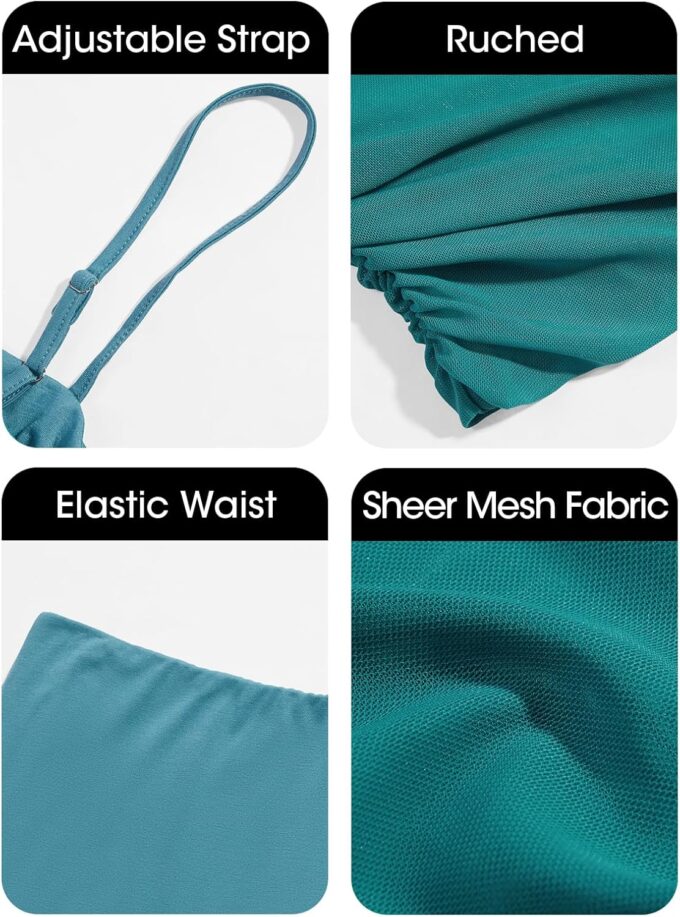 Fisoew Womens 2 Piece Skirt Dress Set Summer Sheer Mesh Ruched Camisole Tops Maxi Skirts Sexy Bodycon Sets – Bild 6