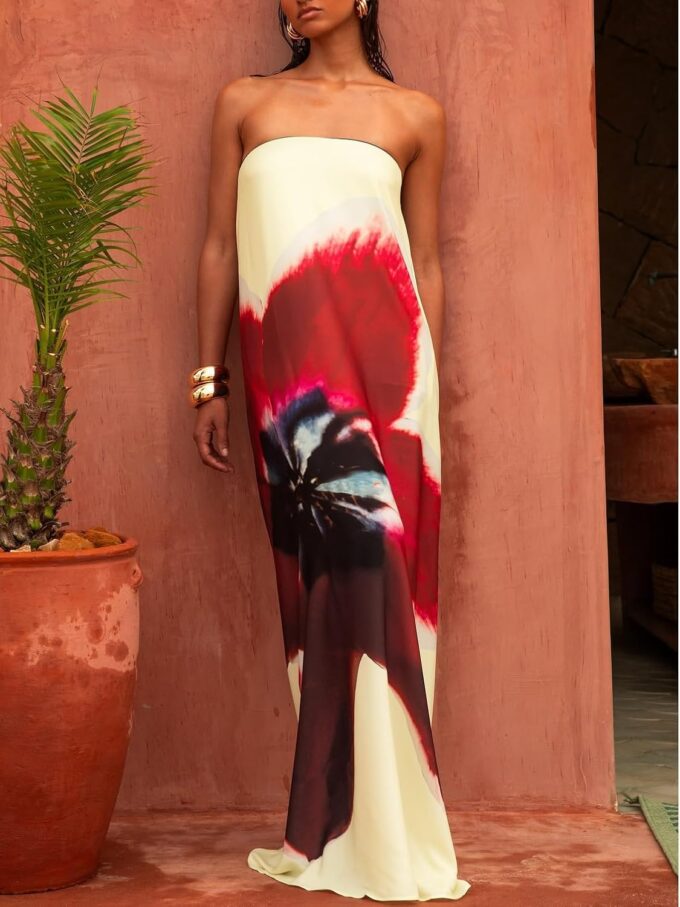 Women Y2k Strapless Maxi Dress Floral Print Tube Long Dress Boho Beach Sundress Going Out Streetwear – Bild 2