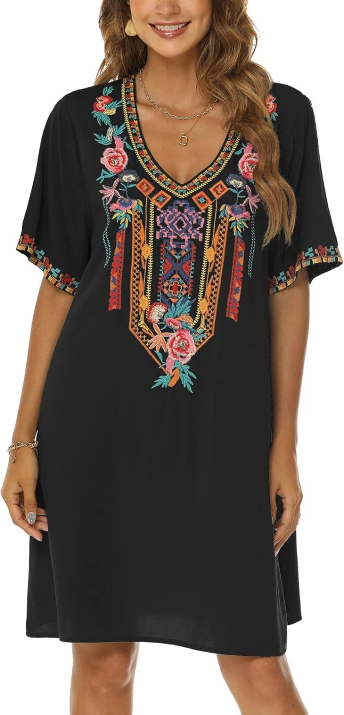 Grosy Women's Embroidered Mexican Peasant Dresses, Plus Size Fiesta Boho Dress for Women, Traditional Floral Bohemian Tunic – Bild 4