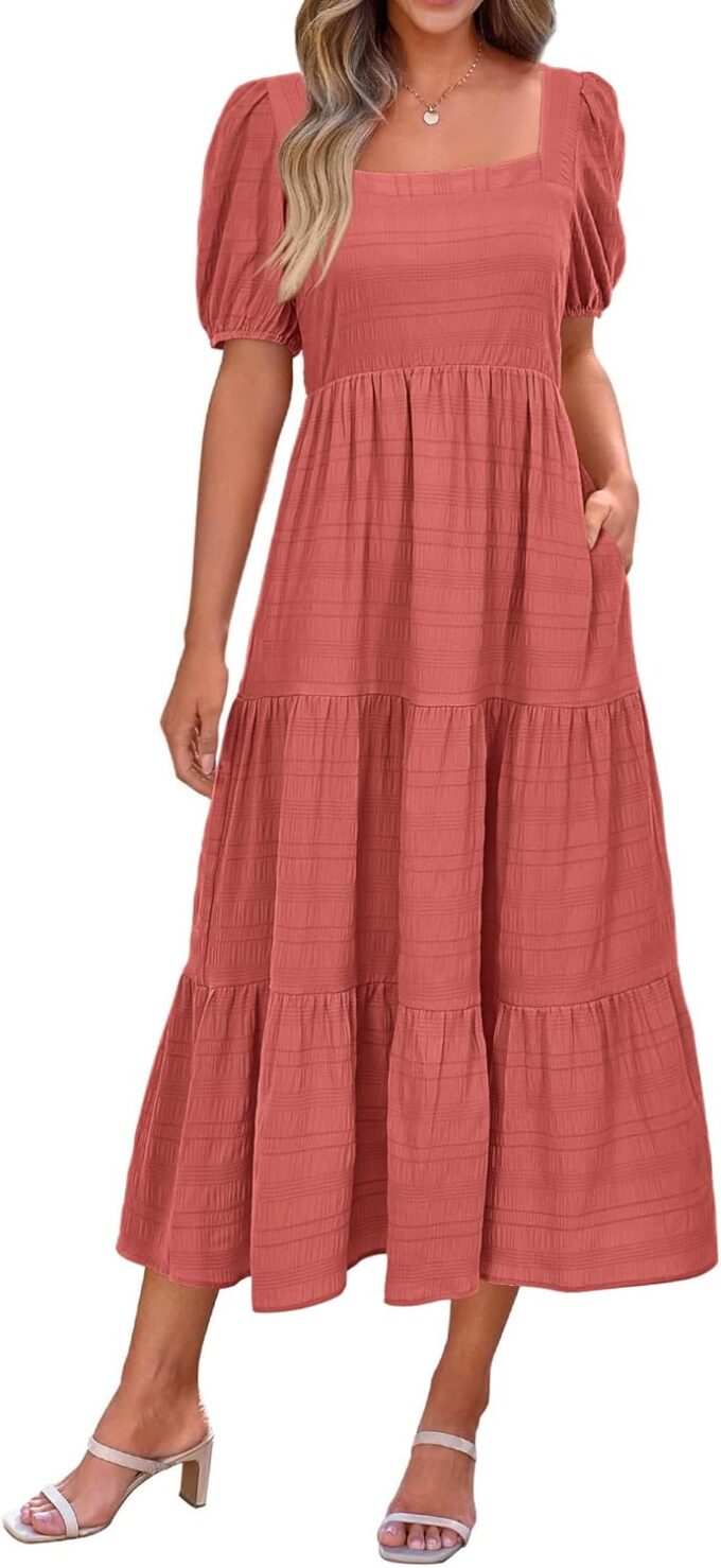 PRETTYGARDEN Women's Summer Dresses 2025 Puff Sleeve Square Neck High Waist Smocked A-Line Flowy Loose Fit Midi Dress