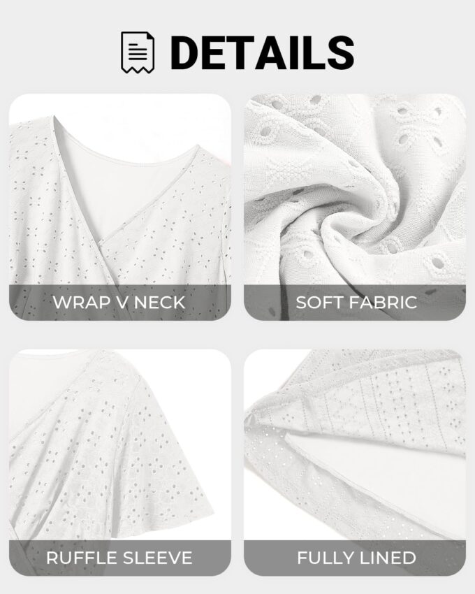 Plus Size Wedding Guest Dress - Summer Semi Formal Midi Eyelet Short Sleeve Wrap V Neck Belted A Line Dresses 2025 – Bild 5