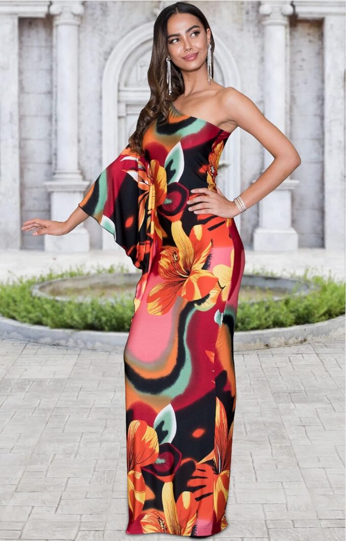 KOH KOH Womens 2025 Long One Shoulder Hawaiian Flower Print Summer Cocktail Maxi Dress Gown – Bild 4