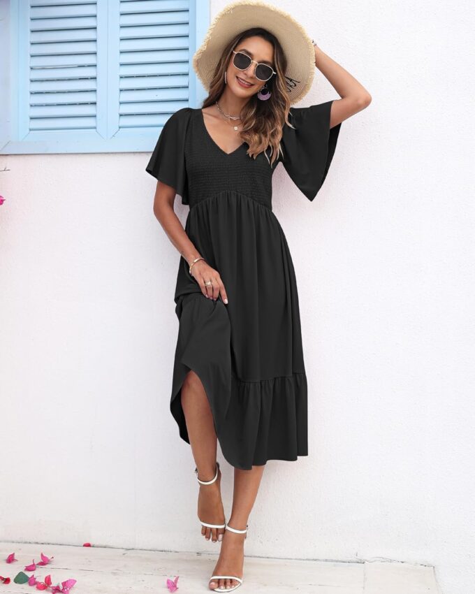 AUSELILY Women's Summer Empire Waist Dress Smocked Flutter Short Sleeve V Neck Midi Dresses 2025 New – Bild 4
