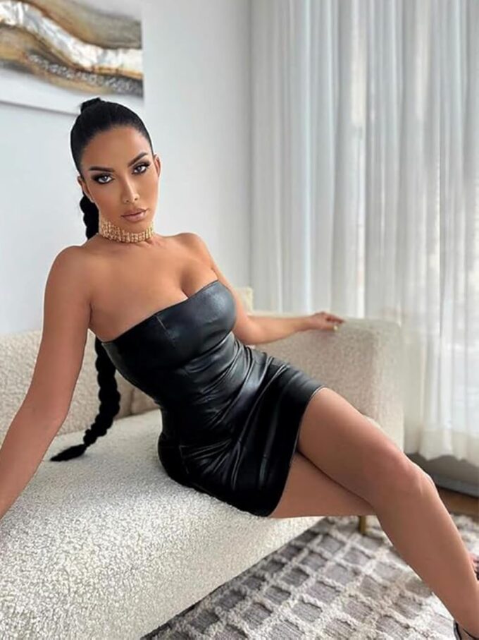 Women's Off Shoulder Faux Leather PU Strapless Tube Top Sexy Bodycon Mini Club Party Outfits Date Night Dresses – Bild 7