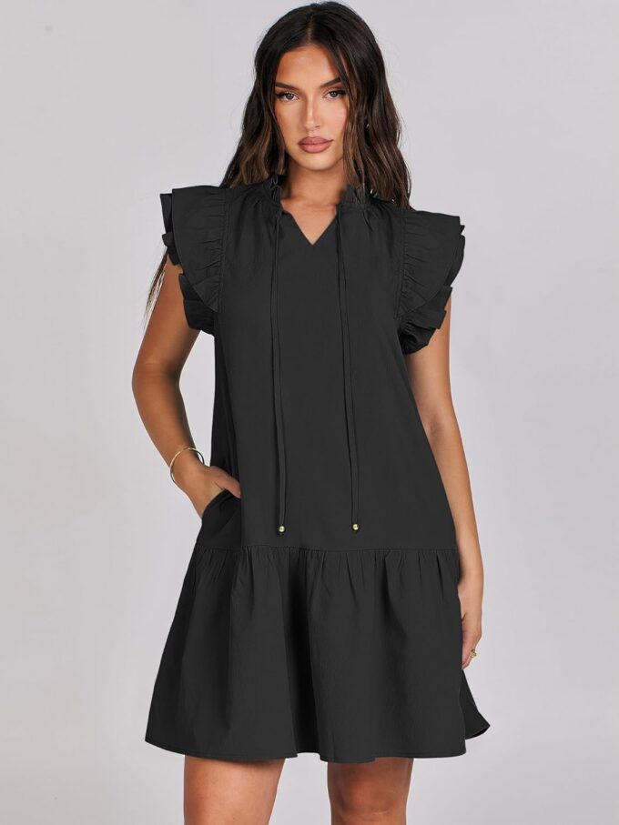 ANRABESS Womens Summer V-Neck Drawstring Ruffle Cap Short Sleeve Casual Shift Mini Dress with Pockets – Bild 2