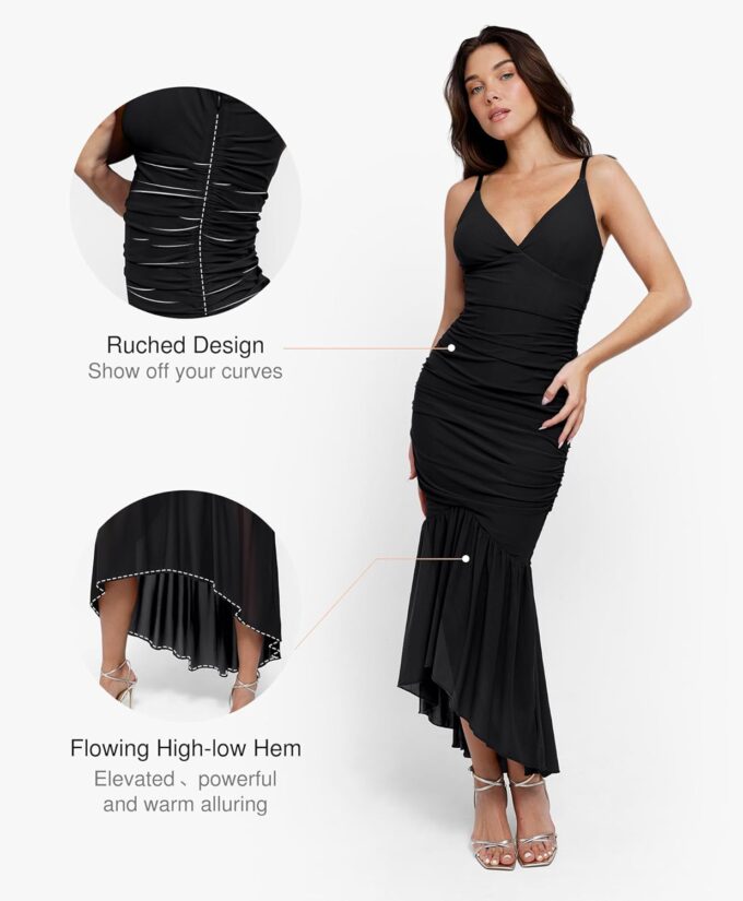 Popilush Corset Dress Built in Shapewear Bodycon Cocktail Dresses for Women Wedding Guest Deep V Neck Mesh Ruched Maxi Dress – Bild 5