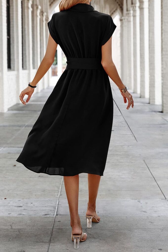ECOWISH Womens Casual Midi Dresses Solid V Neck Short Sleeve Button Shirt Belted Dress with Pockets for Spring Summer 2025 – Bild 7