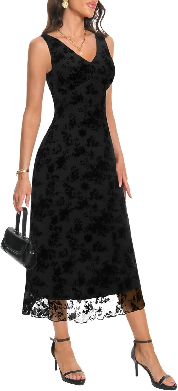 Women's Sexy V Neck Sleeveless Mesh Maxi Dresses Summer Casual Elegant Long Floral Dress Wedding Guest Cocktail Party – Bild 3