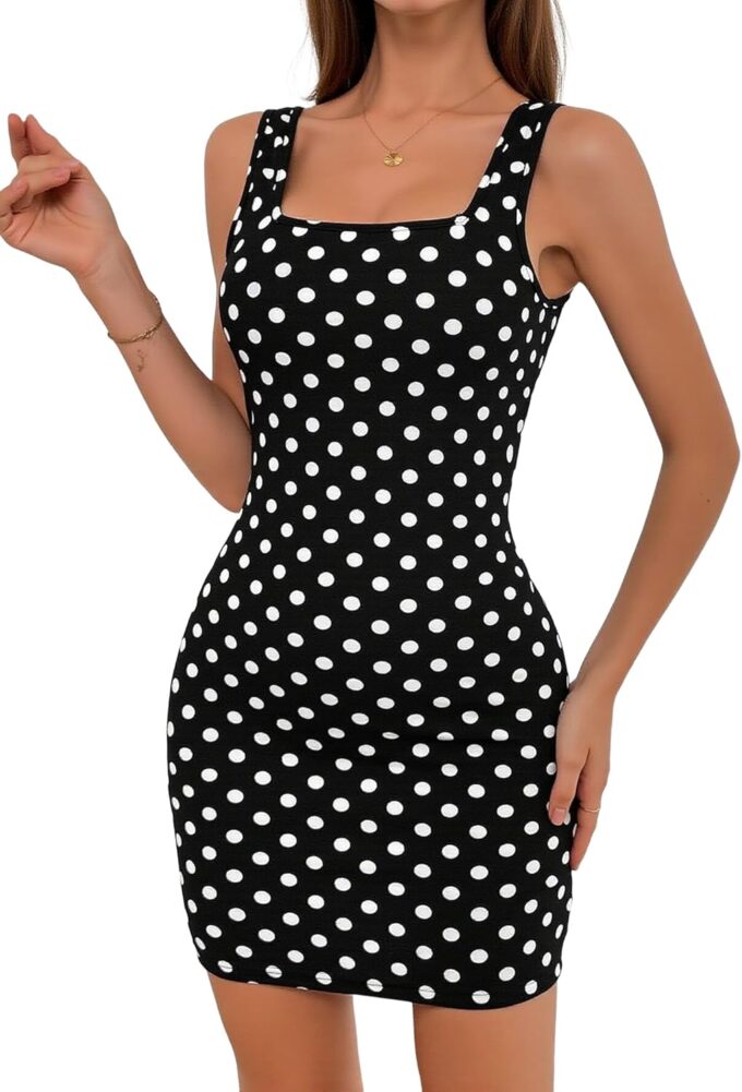 SOFIA'S CHOICE Polka Dot Dress for Women Vintage Square Neck Sleeveless Bodycon Short Dress