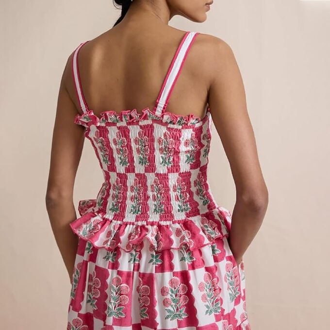 Women Summer Smocked Flowy Dress Spaghetti Strap Square Neck Floral Dress Ruffle Patchwork Boho A Line Midi Sun Dress – Bild 5