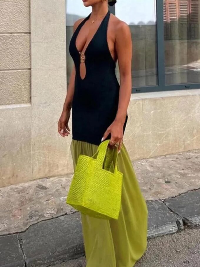 Molisry Women's Patchwork Halter Dress Sexy Sleeveless Hollowed Cut Out Mesh Flowy Slit Maxi Sun Dress Party Club – Bild 3