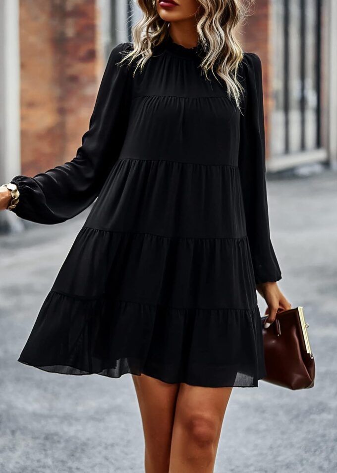 KIRUNDO Long Sleeve Baby Doll Dresses Women 2025 Casual Summer Fall Ruffle Mock Neck Tiered Mini Flowy Swing Shift Dress – Bild 4