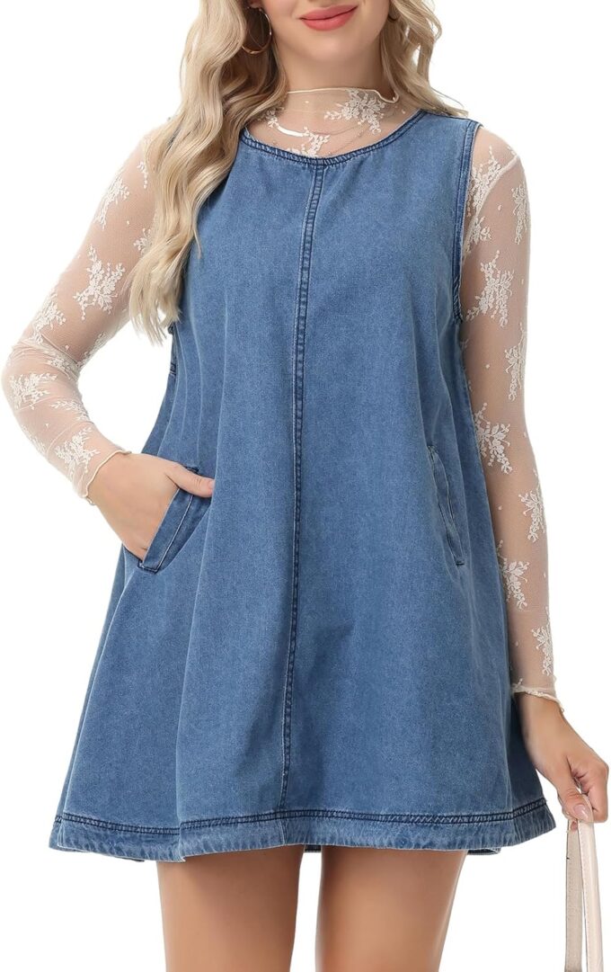 Women's Sleeveless Casual Denim Dress Crewneck Vintage Babydoll Jean Mini Dresses with Pockets – Bild 4