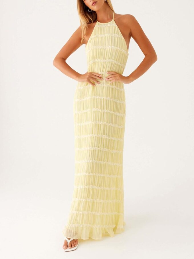 Women Summer Halter Neck Maxi Dress Flowy Ruffle Tiered Sleeveless Sundress Boho Backless Spaghetti Strap Long Dress – Bild 4