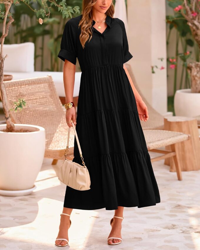 dowerme Women's Summer Dresses 2025 Casual Short Sleeve Button Loose Fit Pleated Boho Flowy Swing Long Beach Sun Dress – Bild 2