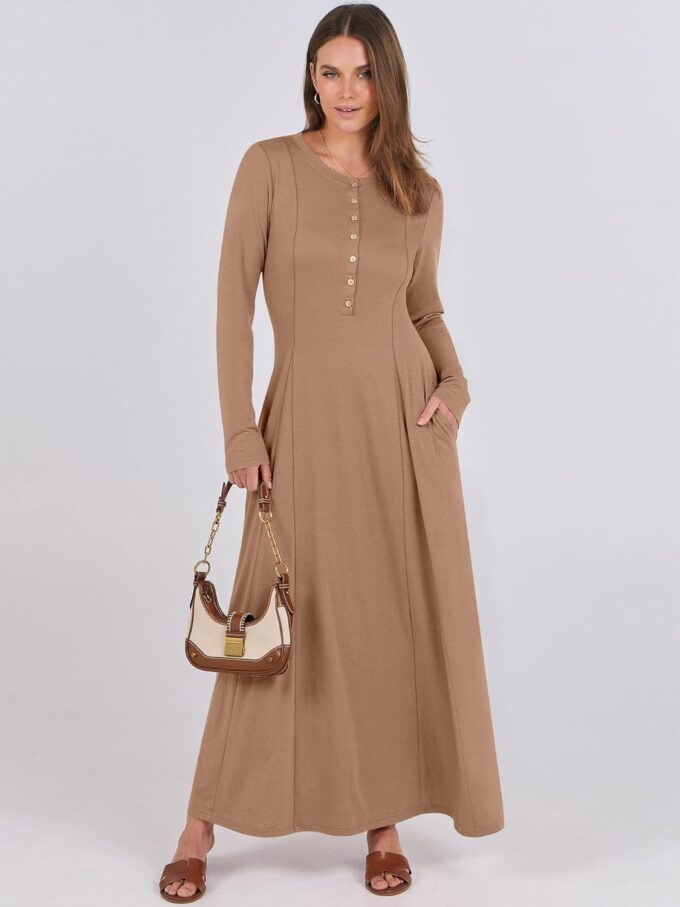ANRABESS Women's Long Sleeve Maxi Dress 2025 Fall Casual Button Fit & Flare A-Line Swing Flowy Long Dresses Trendy Outfits – Bild 3