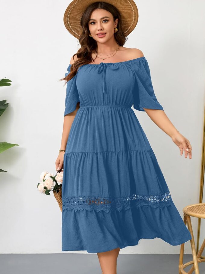 RWJ Women's Plus Size Maxi Dress Short Sleeve Square Neck Flowy A-Line Lace Trim Flutter Party Casual Off Shoulder Dresses – Bild 2