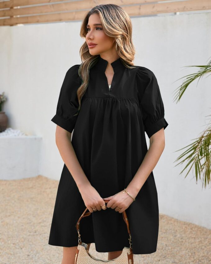 Women's Ruffle Collar High Neck Mini Dress Puff Short Sleeve Cotton Babydoll Peplum Dresses with Pockets – Bild 3