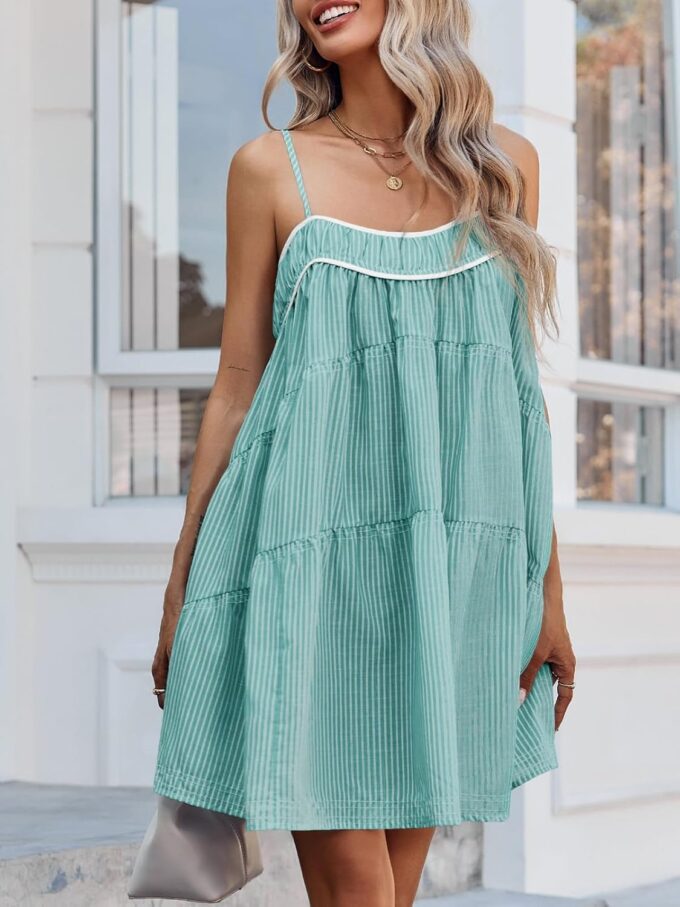 Wenrine Womens Striped Mini Dress Oversized Spaghetti Strap Casual Sleeveless Ruffle Tiered Beach A Line Dress – Bild 3