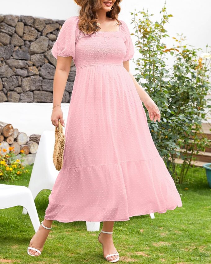 Plus Size Summer Dresses - Swiss Dot Smocked Square Neck Puff Sleeves Boho Flowy A Line Long Maxi Wedding Guest Dress – Bild 5