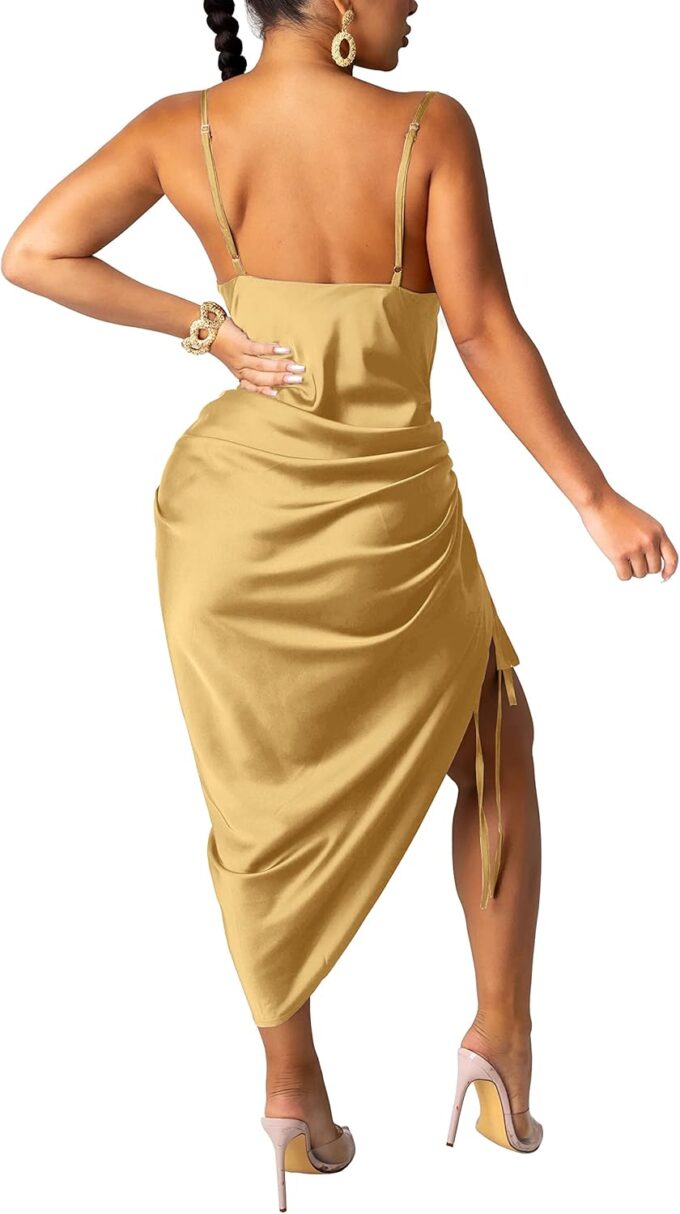 Club Dress Sexy Dress for Women Wedding Party Birthday Cocktail Spaghetti Strap Satin Side Ruched Midi Mini Dress – Bild 2