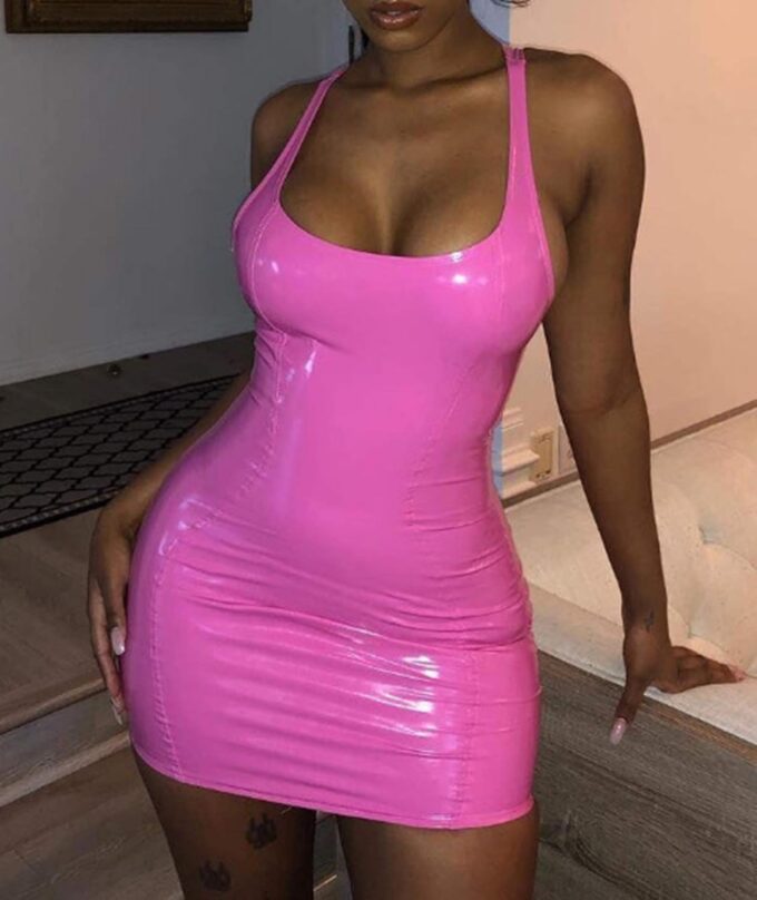 SEMATOMALA Women's Scoop Neck Latex Leather Mini Dress Metallic Shiny PVC Bodycon Slim Fitted Club Dress – Bild 4
