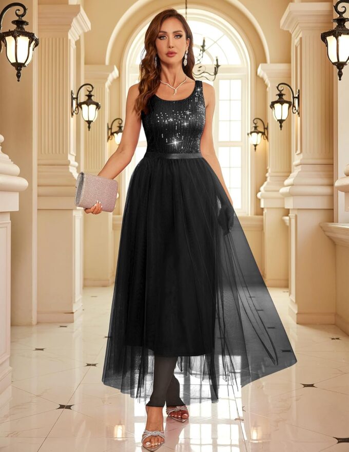 BeryLove Sequin Dress for Woman Vintage A Line Wedding Formal Swing Mesh Dress Sleeveless Cocktail Maxi Gowns – Bild 3