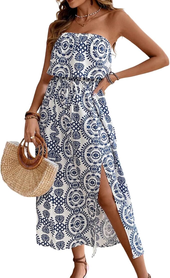 Women's Ruffle Floral Maxi Summer Casual Dress Off Shoulder Wedding Guest Slit Hem Beach Prom Dresses