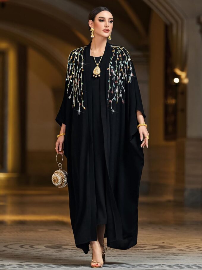 Handmade Beaded Black Kaftan Abaya Dress, Bat Sleeve, NO INNER, Loose Fit Robe for Party, Evening Gathering – Bild 6