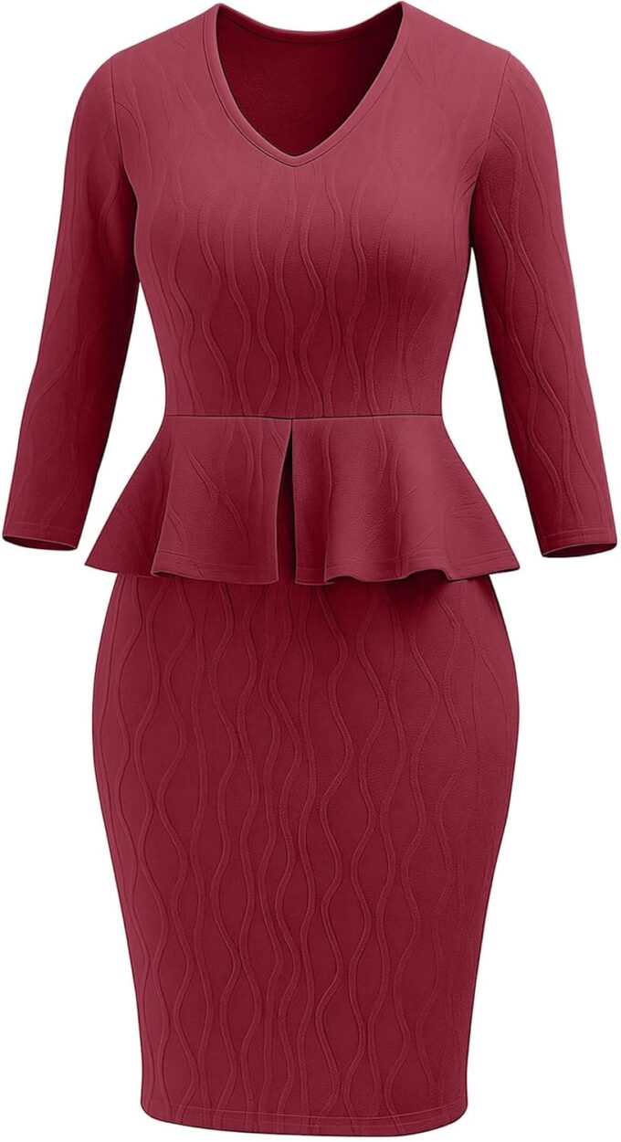 Runwind Schößchen-Kleid für Damen, V-Ausschnitt, 3/4-Ärmel, für die Arbeit, Midi-Kirchenkleider, elegante Bleistiftkleider