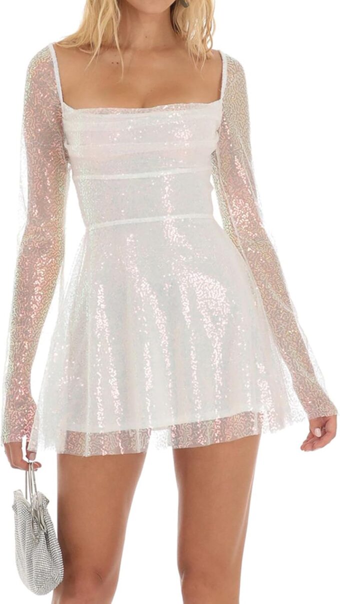 BOLLEY JOSS Women's Sequin Mini Dress Square Neck Self Tie Backless Sparkly Long Flare Sleeve Ruched Swing Dress