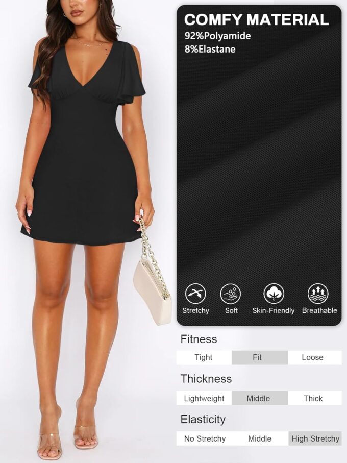 Women's Sexy Deep V-Neck Ruffle Sleeve Mini Dresses Summer Casual Bodycon Beach Cocktail Party Club Short Dress – Bild 4
