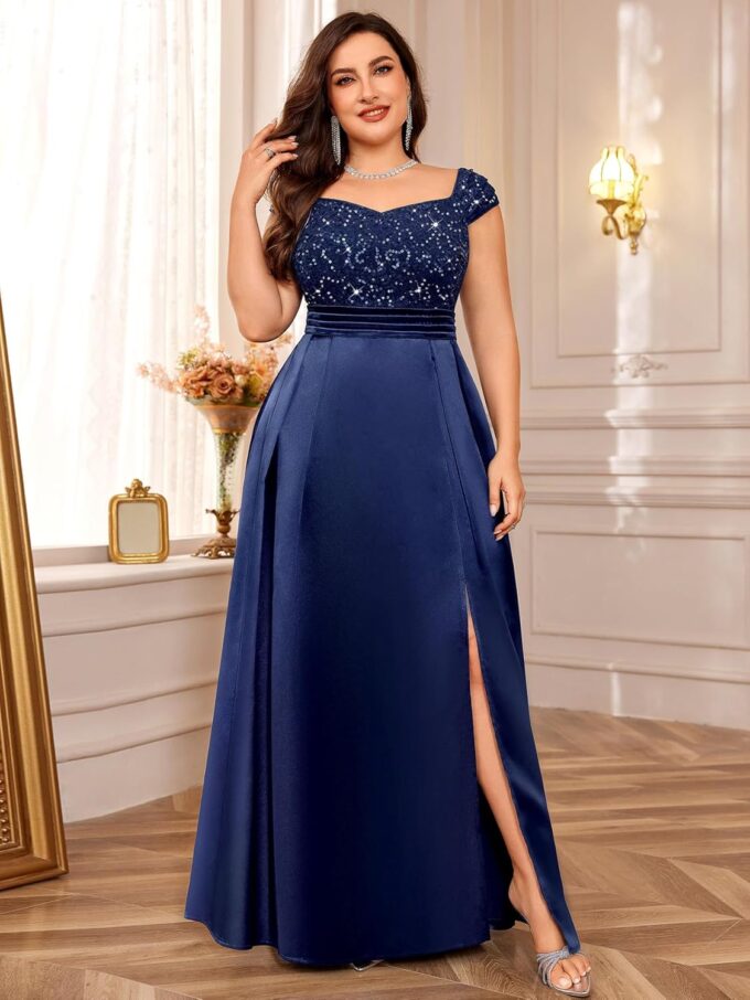 MISSMAY Women's Plus Size Sequin Lace Off Shoulder Satin Slit Formal Evening Party Maxi Dress – Bild 3