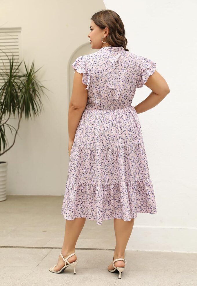 Keluummi Plus Size Wedding Guest Midi Dresses for Curvy Women, Summer Casual Floral Short Sleeve A Line Sundress with Pockets – Bild 5