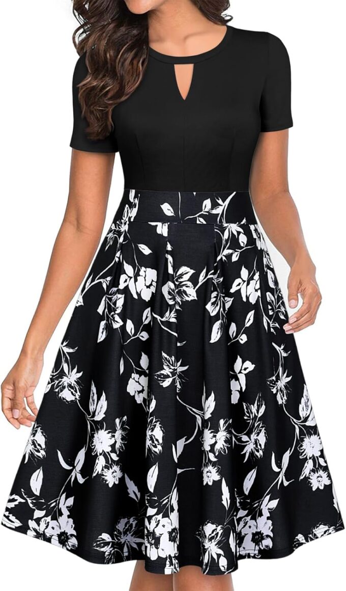 YATHON Women's Vintage Floral Flared A-Line Swing Casual Party Dresses with Pockets