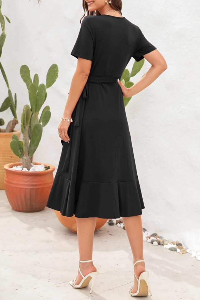 SLOWTOWN Women's Wrap Dress V Neck Short Sleeve Ruffle Hem Midi Dress – Bild 4