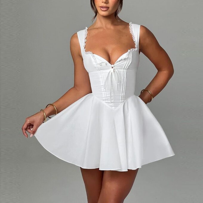 Women's Y2k Mini Corset Dress Deep V Neck Sleeveless Backless Ruffle Hem Dress Lace Trim A-Line Beach Sundress – Bild 2