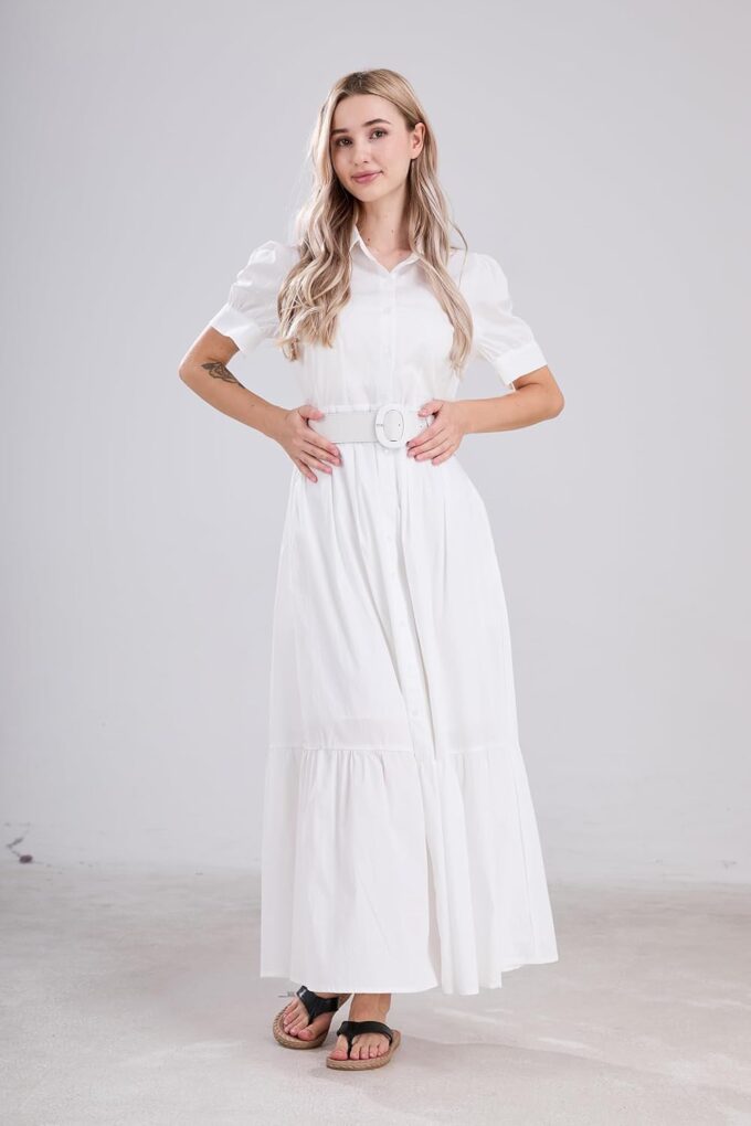 utcoco Womens Striped Button Down Shirt Dress Casual Puff Short Sleeve Ruffle Hem Maxi Dresses with Belt – Bild 5