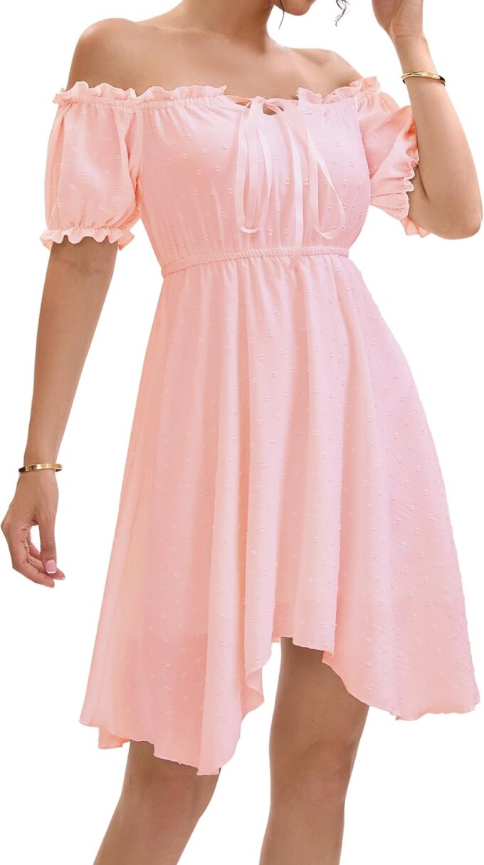 Womens Off Shoulder Ruffle Puff Sleeve Tie Up Irregular Swiss Dot Mini Cottagecore Dress – Bild 2